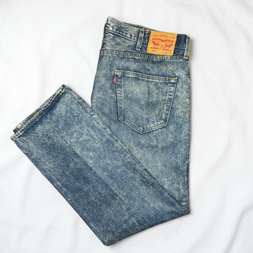 Levi's 501 Mens Jeans 38x30 Acid Wash Blue Marble Denim Button Fly Straight Leg
